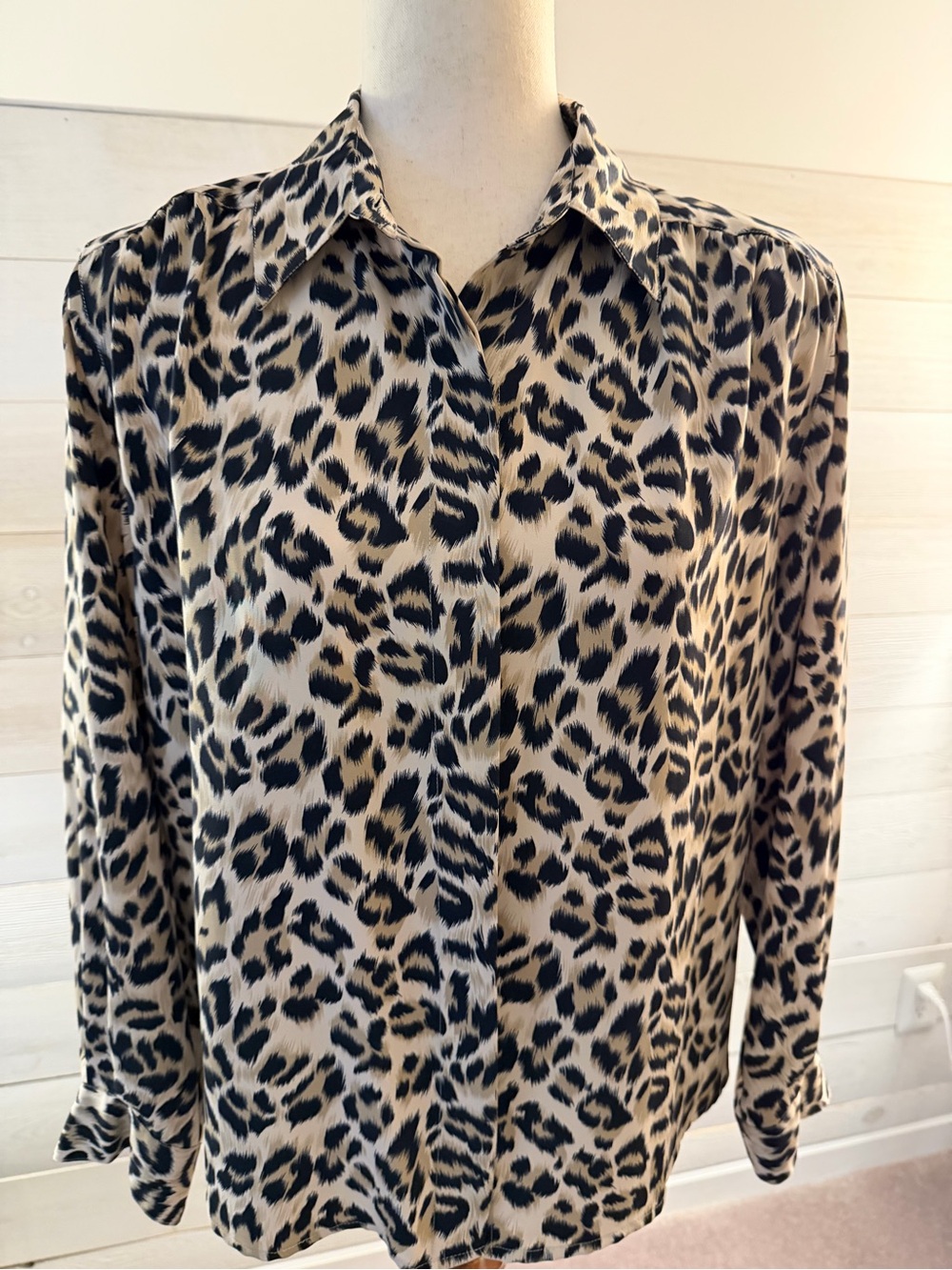 Beige and Black Leopard Print Button-Up Blouse